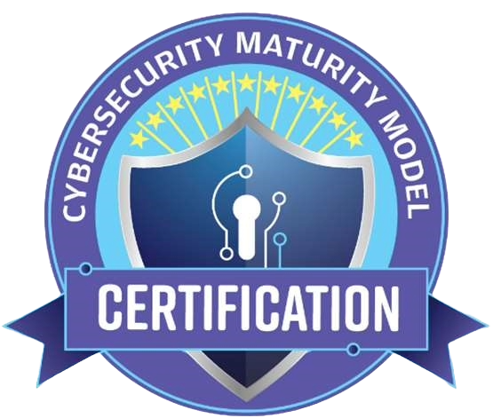 An emblem featuring a shield with a keyhole and circuitry design, surrounded by stars, labeled 'Cybersecurity Maturity Model Certification'.